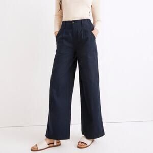 Madewell Cotton Pleated Wide Leg Pants Navy Blue Indigo Cotton Linen 10T 10 Tall